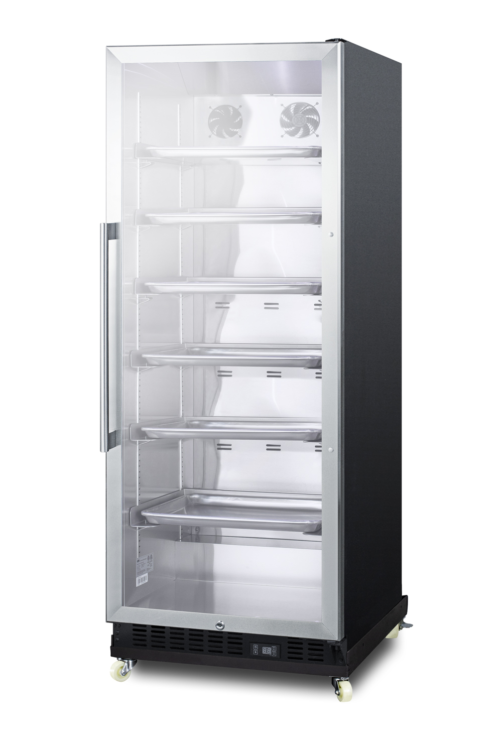 Commercial beverage merchandiser designed for the display and refrigeration of beverages and sealed food, with 11 cu.ft. capacity, SS interior, self-closing door, sheet pans and adjustable tray supports, chrome shelves, a digital thermostat, and removable dolly